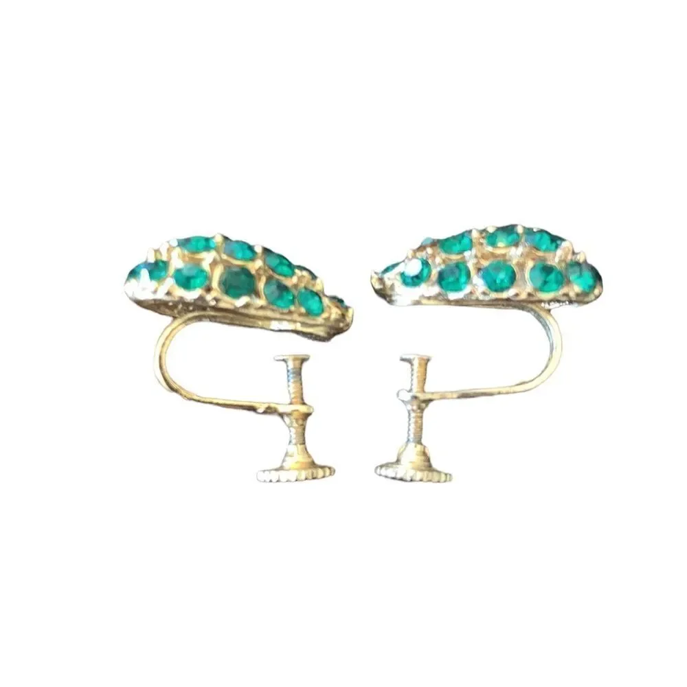 Vintage Earrings Tear Drop Green Gemstone Gold Tone Screw Back Costume Jewelry